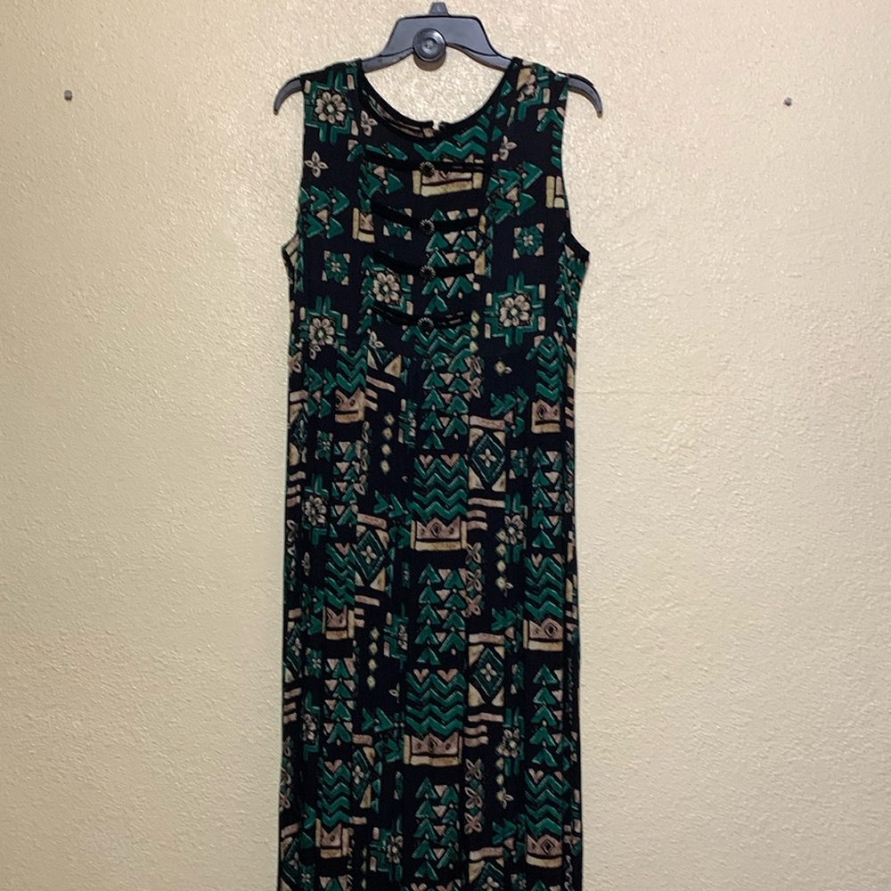 Sunshine Starshine Maxi Dress 8 Black Green Floral Sleeveless Back Zipper Rayon